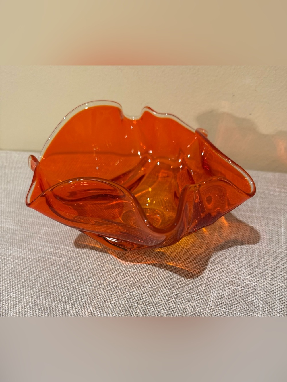 Vintage Mid Century Modern Viking Glass Epic Persimmon Handkerchief Bowl Footed